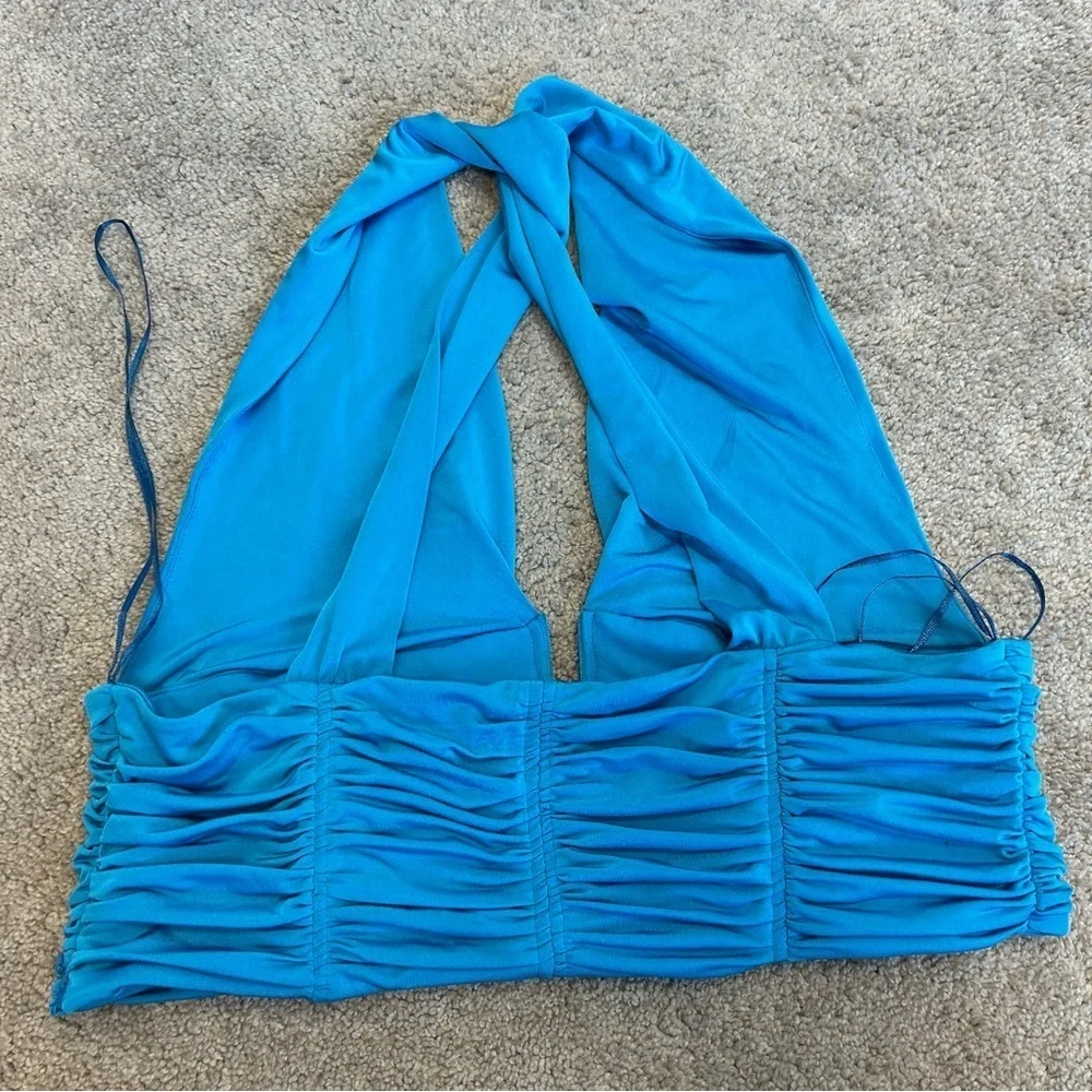 Zara blue ruched deep plunge V-neck halter crop top crisscross open back Sz XL - Picture 7 of 13